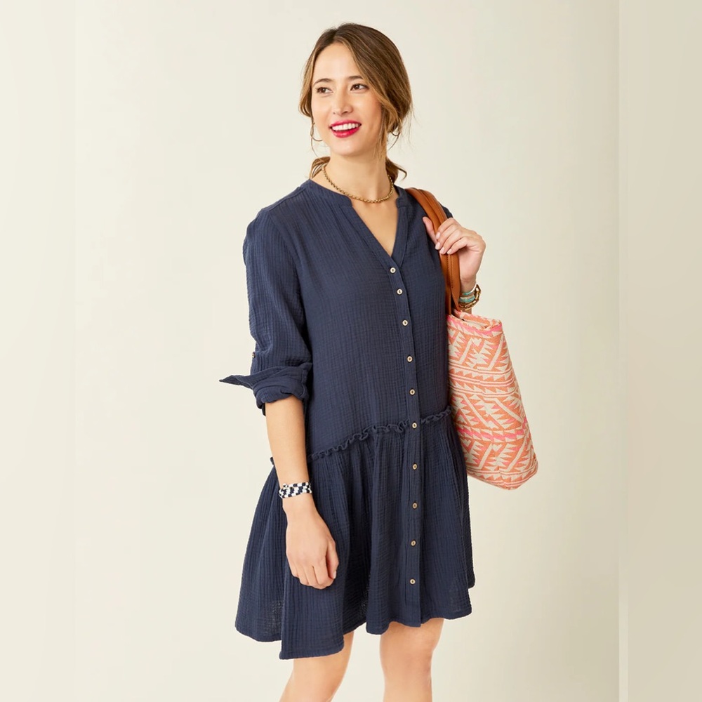 Carve Designs Navy Button-Down Gauze Midi Dress